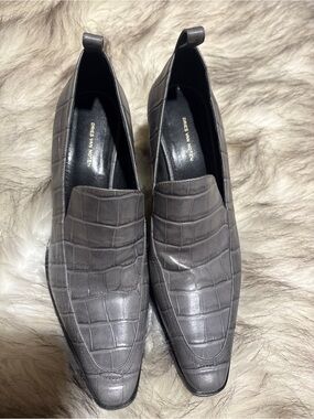 Authentic Dries Van Noten Grey Croc-Embossed Leather Block Heel Loafers